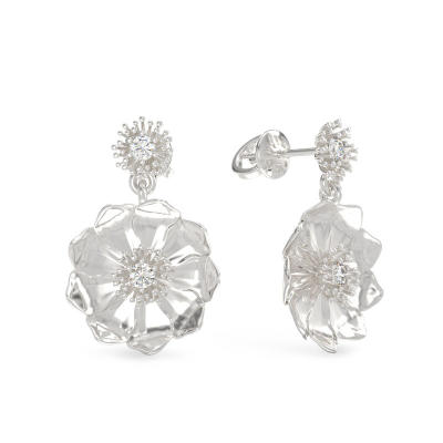 White Gold Earrings Flowers with CZ