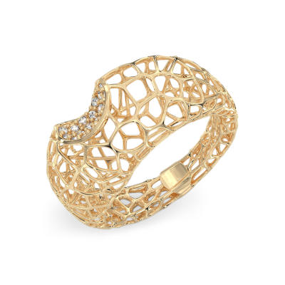 Coral Fantasy Ring With Zircons From Yellow Gold