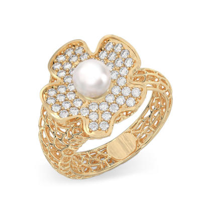 Coral Flower With Pearl Ring From Yellow Gold