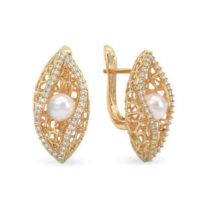 Seashell With Pearl Yellow Gold Earrings