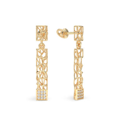 Coral Sticks With Squares Earrings From Yellow Gold