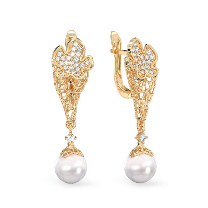 Coral Flower Earrings With Pearl From Yellow Gold