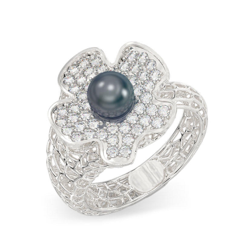 Coral Flower With Pearl Ring From White Gold