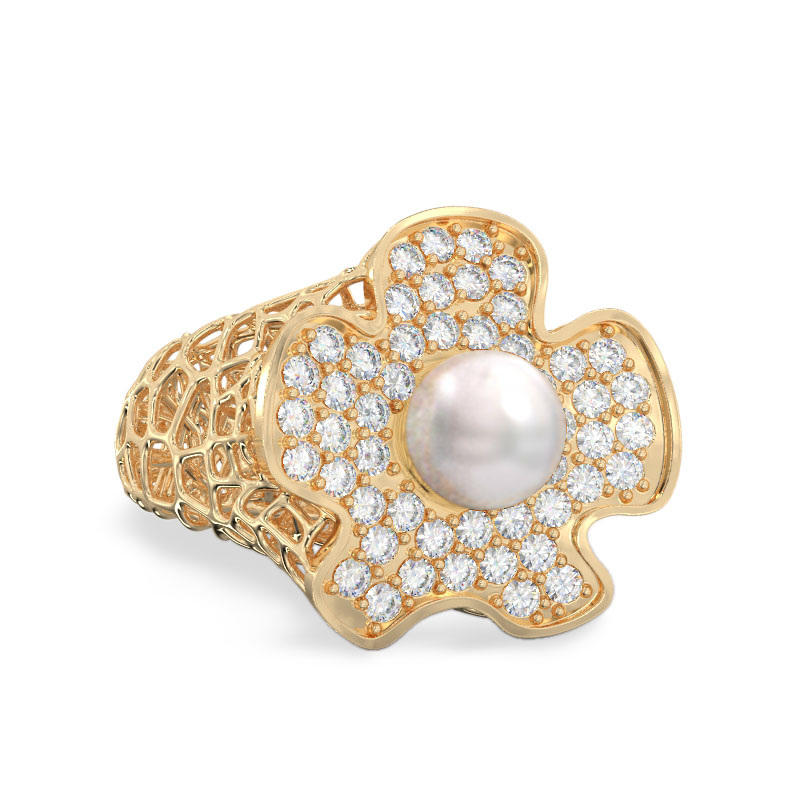 Coral Flower With Pearl Ring From Yellow Gold2