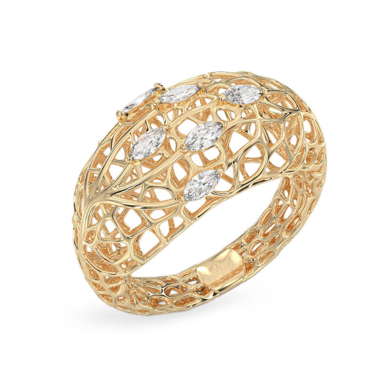 Coral Ring With Dew Drops From Yellow Gold