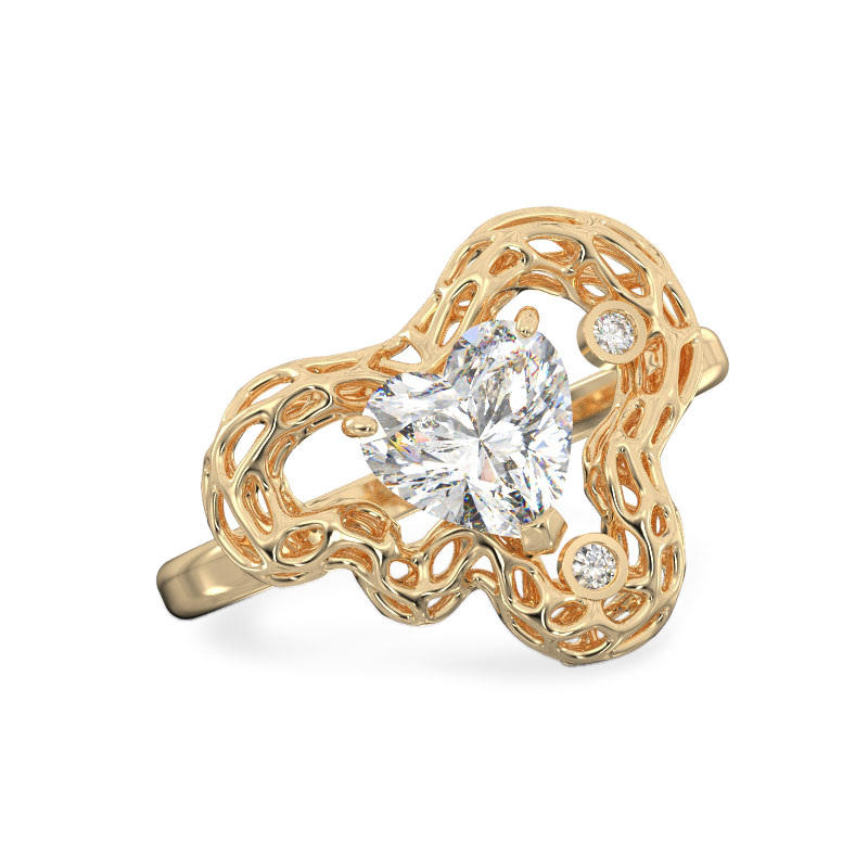 Elegant Leaf with Heart Yellow Gold Ring2