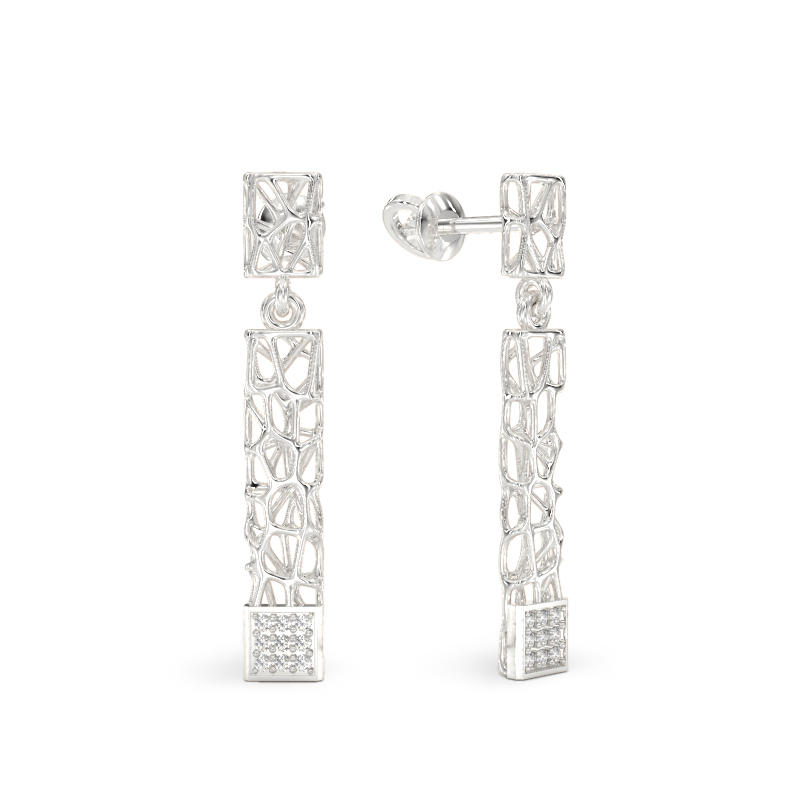 White Gold Coral Sticks with Square Earrings