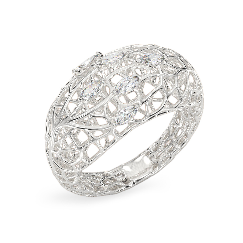 Coral Ring With Dew Drops From White Gold