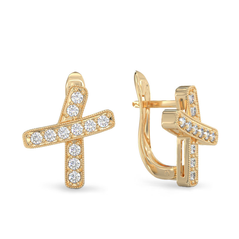 Yellow Gold Big Curved Cross Earrings